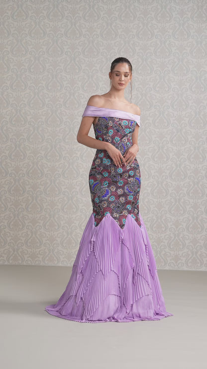 Model showcasing flow and elegance of Amethyst Haze satin crepe gown on the runway