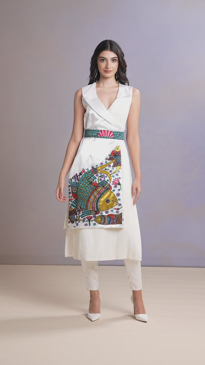 Video of Women showcasing Chantilly white kurti and pants set with colorful embroidery