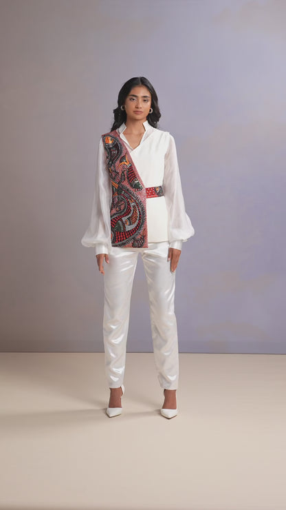 Video showcasing Chantilly White top and trouser set with multicolor art-inspired detail