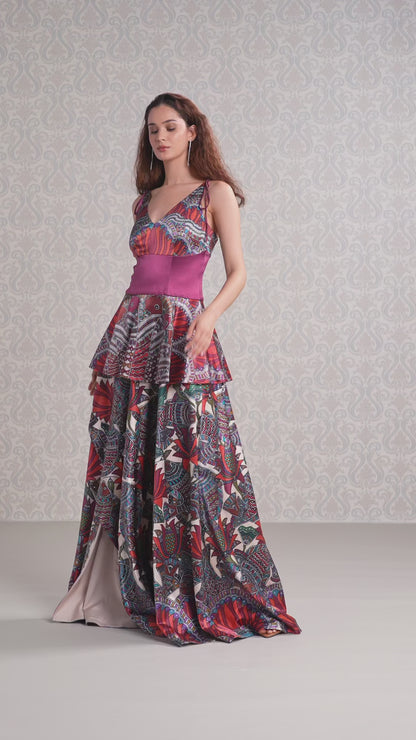 Model showcasing Cranberry satin long dress with floral layered hem