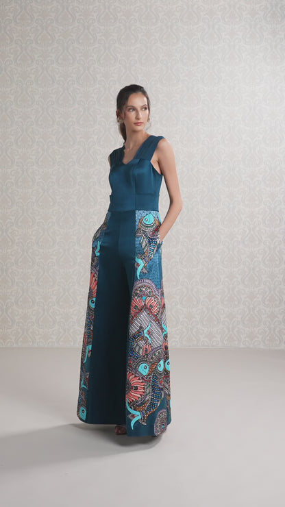 Women walking in Moonlight Blue Silk Satin & Organza Jumpsuit