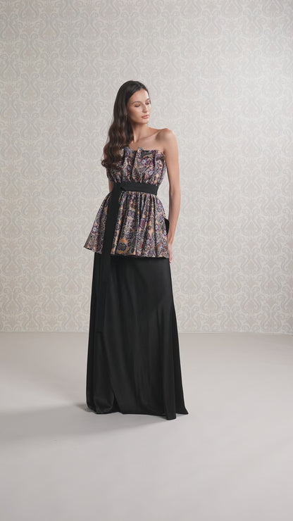 Model walking in Brown Oak & Black Ice silk satin gown with elegant slit and structured top