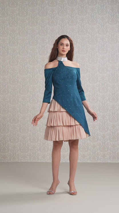 Model walking in off-shoulder moonlight blue and vanilla georgette short dress